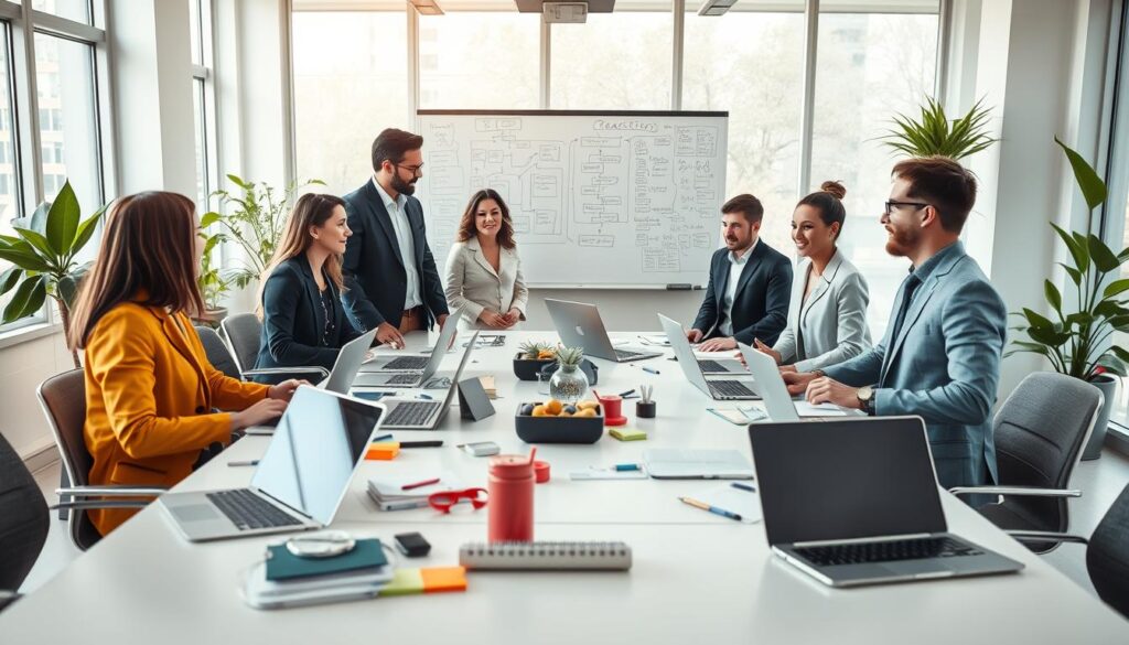 A bright and modern office environment showcasing effective productivity techniques. In the foreground, a diverse group of professionals, dressed in smart business attire, collaborate around a sleek conference table filled with laptops, notebooks, and productivity tools like timers and post-it notes. The middle ground features a large whiteboard filled with flowcharts and strategic plans, indicating a brainstorming session. In the background, tall windows allow natural light to flood the space, creating an energetic and motivating atmosphere. The room is decorated with plants, adding a touch of greenery. Use soft, diffused lighting to enhance the warm, inviting mood, and employ a slightly low-angle perspective to emphasize the dynamism of teamwork and innovation.