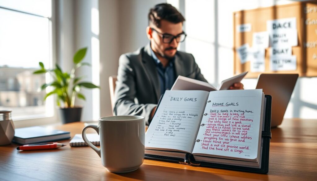A bright, modern workspace featuring a wooden desk with a planner open to a page titled "Daily Goals." In the foreground, a cup of steaming coffee sits next to a notepad filled with vibrant handwritten notes. In the middle ground, a professional individual in smart casual attire is deeply focused, reviewing the planner with a determined expression. Natural light streams in through a large window, casting soft shadows and creating an inviting atmosphere. The background shows a potted plant and a wall-mounted bulletin board with motivational quotes. The overall mood is one of productivity and focus, emphasizing the importance of setting daily objectives in a home office environment.