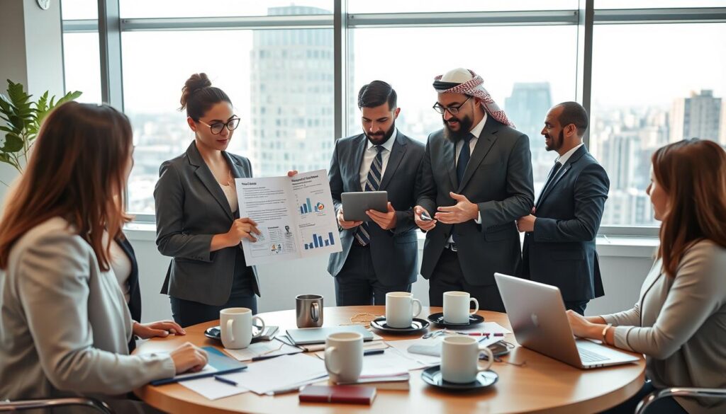 A contemporary office setting representing the future of vocational training in Spain, featuring a diverse group of professionals in business attire engaged in collaborative discussions. In the foreground, a young woman of Hispanic descent is presenting a report on vocational training policies, while a man of Middle-Eastern descent examines a tablet with training statistics. In the middle ground, a round table is cluttered with laptops, documents, and coffee mugs, suggesting a dynamic work environment. The background features a large window showcasing a modern cityscape under bright, natural lighting, creating an optimistic atmosphere. The mood is one of innovation and progress, highlighting teamwork and the pursuit of knowledge. The composition should emphasize clarity and professionalism, with a balanced focus on both individuals and their engaging activities.