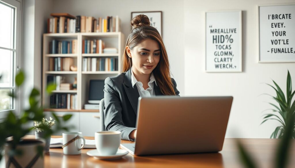 A cozy home office scene illustrating efficient telecommuting, featuring a young professional woman seated at a desk, focused on her laptop. She wears smart casual attire, exuding professionalism. The foreground includes her neatly organized workspace with a plant, a cup of coffee, and stationery. In the middle ground, a large window allows soft, natural light to illuminate the room, creating a warm and inviting atmosphere. The background shows a bookshelf filled with books and inspirational quotes artfully arranged on the walls. The scene conveys a sense of productivity and comfort, with a slight depth of field to emphasize the subject. The overall mood is calm and focused, embodying the essence of effective remote work strategies.