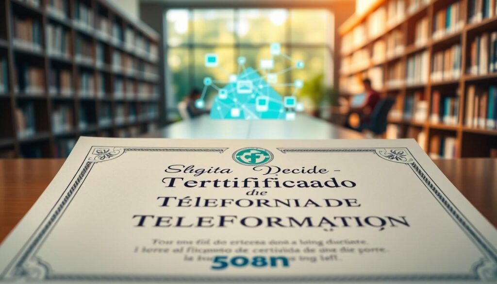 A creatively designed "Certificado de Teleformación" lies prominently in the foreground, showcasing elegant typography and intricate border decorations that convey importance and professionalism. The document features a logo symbolizing digital education, incorporating soft blues and greens for a modern look. In the middle ground, an abstract representation of interconnected digital devices and diverse people studying online, emphasizing the collaborative nature of online learning. The background is a soft-focus library or office setting, well-lit with natural sunlight streaming in to create an inviting and inspiring atmosphere. The overall mood is one of empowerment and achievement, reflecting the significance of the certificate in enhancing educational quality.