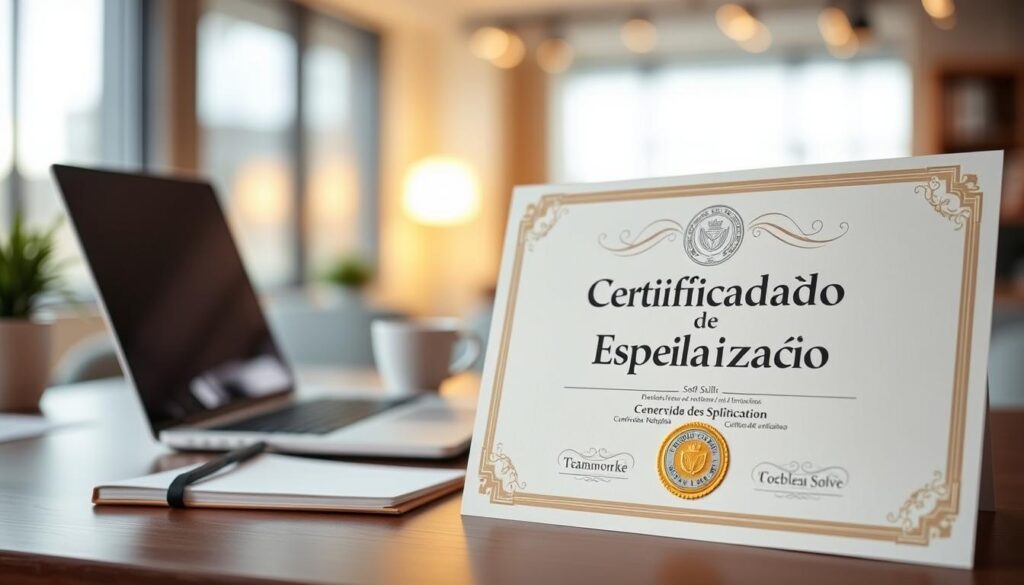 A detailed certification diploma titled "Certificado de Especialización" prominently displayed in the foreground, with an elegant gold embossed seal and ornate borders that suggest professionalism and quality. Surrounding the diploma are soft skill icons such as communication, teamwork, and problem-solving, rendered in a subtle, sophisticated style. In the middle ground, a neatly arranged workspace featuring a modern laptop, a notepad, and a cup of coffee creates a relatable professional atmosphere. The background shows a softly blurred office setting with warm, inviting lighting that conveys a sense of achievement and growth, emphasizing the importance of soft skills in today's workplace. The image should evoke a mood of inspiration and professionalism, focusing on the value of certifications.