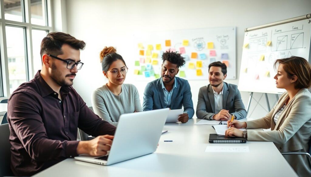 A diverse group of participants in a modern classroom setting, engaged in a feedback session about communication improvements. In the foreground, a focused man and woman share notes, with a laptop open between them. The middle ground showcases four other participants seated around a large table, looking thoughtful and taking notes, all dressed in smart casual attire. Bright, natural light pours in through large windows, enhancing the vibrant atmosphere. In the background, a whiteboard filled with colorful sticky notes and diagrams illustrates key points discussed during the course. The overall mood is collaborative and positive, reflecting the transformative impact of the course on their communication skills.