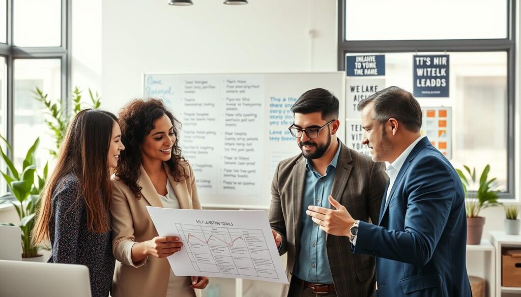 A diverse group of professionals in a modern office environment collaboratively engaging in self-leadership activities. In the foreground, two colleagues review a project plan on a laptop, displaying determination and focus. A woman in professional attire is explaining her ideas, while a man nods in agreement, showcasing an atmosphere of mutual respect. In the middle, a whiteboard filled with strategic goals and inspirational quotes stands as a backdrop. Soft, natural lighting floods the room through large windows, creating an inviting and productive ambiance. The background features office plants and motivational posters, adding a sense of dynamism. The overall mood is inspiring, emphasizing collaboration and personal initiative in the workplace.