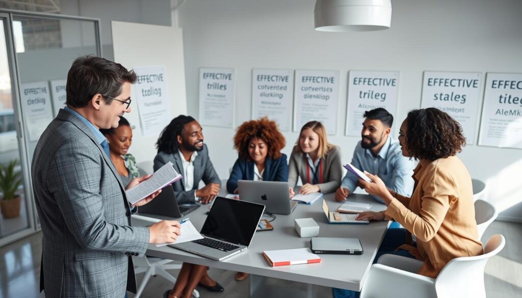 A dynamic and professional setting showcasing a diverse group of individuals engaged in an effective communication workshop. In the foreground, a male and female facilitator in business attire are leading a group discussion, animatedly sharing ideas and notes. The middle ground features participants—men and women of various ethnic backgrounds—sitting around a modern conference table, taking notes and exchanging feedback, with laptops and notebooks scattered around. The background shows a bright, well-lit room with large windows, natural light pouring in, and motivational posters on the walls about effective communication. The atmosphere is collaborative and focused, conveying energy and teamwork. The image is taken from a slightly elevated angle to capture the dynamics of the group interaction, emphasizing the importance of communication skills development.