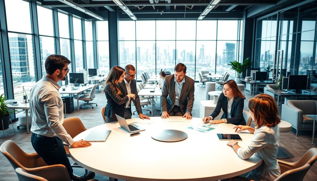A dynamic office environment showcasing adaptability and workplace flexibility. In the foreground, a diverse group of professionals in business attire collaborates around a large round table, engaged in discussion and brainstorming. The middle ground features a modern, open office space with flexible seating arrangements, showcasing different workstations including standing desks and lounges. The background displays large windows with a view of a city skyline, allowing natural light to flood the space, creating a warm, inviting atmosphere. Soft, diffused lighting highlights the focused expressions of the professionals, promoting a sense of innovation and teamwork. The overall mood conveys a blend of energy and creativity, emphasizing the importance of adaptability in today’s work environment.
