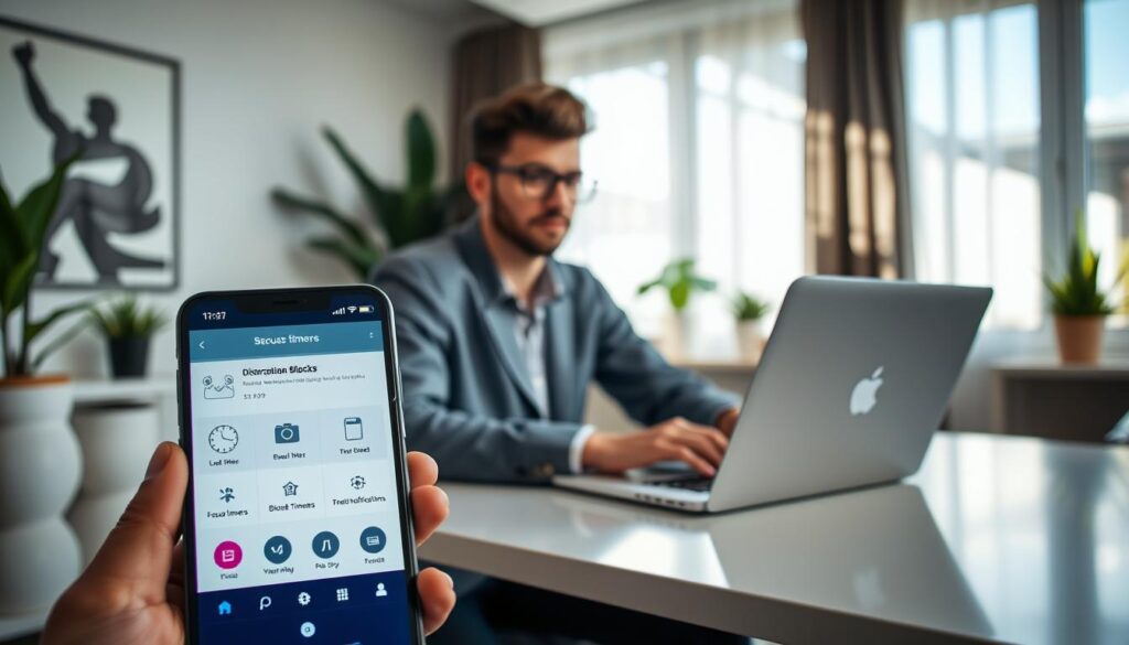 A focused individual in a modern home office, seated at a sleek desk with a laptop open, exhibiting a calm and productive atmosphere. In the foreground, display a smartphone showing a distraction-blocking app interface with icons for various features like focus timers and blocking notifications. The middle area features plants and minimalistic decor, enhancing the workspace's serenity. In the background, light streams through a window, casting soft shadows, suggesting an inviting daytime setting. The individual is dressed in professional casual wear, displaying concentration as they work. The mood should be calm and focused, emphasizing productivity amidst the presence of common electronic distractions like phones and notifications. The image should have natural lighting, captured with a shallow depth of field for an intimate yet professional feel.