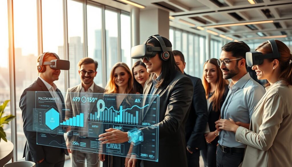 A futuristic office environment showcasing the evolution of work in the digital age. In the foreground, a diverse group of men and women in professional attire collaborates around a sleek, holographic display, analyzing data and trends in labor markets. Middle ground features advanced technology like virtual reality headsets and AI assistants assisting the team. The background reveals a modern cityscape through large glass windows, symbolizing a dynamic and interconnected world. Soft, natural light spills in from the windows, creating an inviting atmosphere while high-tech accents illuminate the space. The overall mood is optimistic and collaborative, reflecting innovation and human synergy in the workplace of the future.