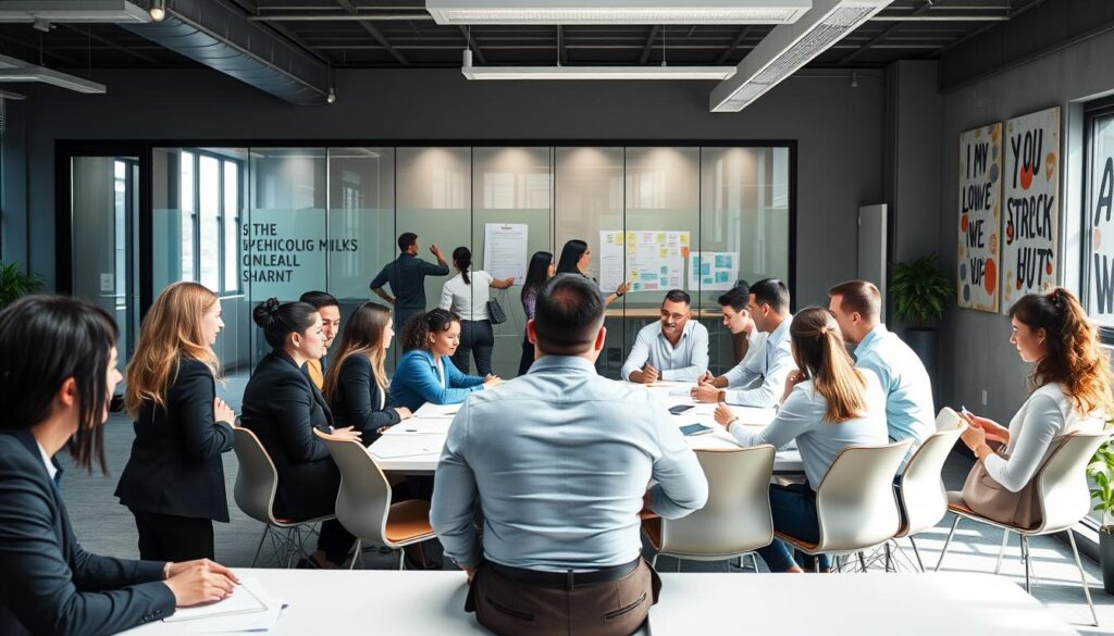 A modern corporate office environment showcasing a vibrant organizational culture. In the foreground, a diverse group of employees in professional business attire engage in a collaborative brainstorming session, sharing ideas around a large table. The middle ground features a glass wall with a transparent meeting room, where another team is participating in a workshop, using post-it notes and charts. The background displays motivational artwork on the walls, promoting teamwork and innovation. Bright, natural light filters through large windows, creating an inviting atmosphere. Use a wide-angle lens to capture the entire scene, emphasizing openness and collaboration. The mood should feel energetic and positive, reflecting the essence of a supportive corporate culture focused on employee well-being and stress reduction.