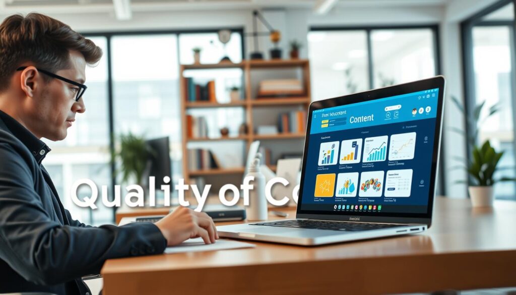 A modern digital workspace scene showcasing "Quality of Content" in online education. In the foreground, a neatly organized workspace with a laptop displaying vibrant educational content, such as graphs and interactive courses. To the left, a professional in smart casual attire focuses on the screen, exuding concentration and engagement. In the middle ground, a bookshelf filled with educational resources and technology-themed decorations emphasizes knowledge and learning. The background features a bright, airy office space with large windows that let in soft, natural light, creating a calm and inspiring atmosphere. The overall mood conveys professionalism, innovation, and the high standards of digital learning environments, with a focus on quality content that enhances the educational experience.