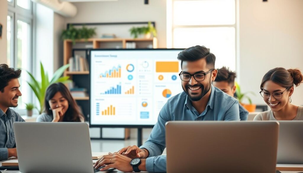 A modern, engaging online learning environment for a professional audience. In the foreground, a diverse group of individuals, dressed in smart casual clothing, actively participating in a virtual class on their laptops, showcasing expressions of focus and enthusiasm. In the middle ground, a large digital screen displays interactive elements like charts and progress bars, illustrating the concept of engagement. The background features a bright, inviting workspace with bookshelves and greenery, reflecting a productive atmosphere. Soft, natural lighting pours in from a window, creating a warm, inclusive feeling. The overall mood is one of collaboration and excitement in online education, emphasizing the value of engagement in virtual learning experiences.