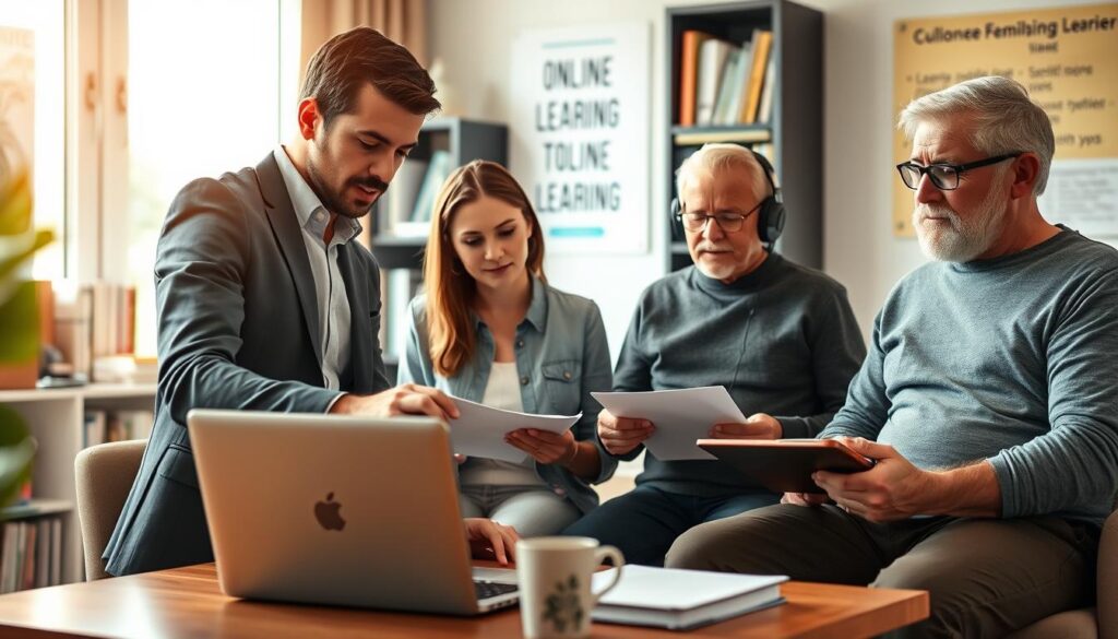 A modern home office setting featuring a diverse group of three adult learners engaged in an online class. In the foreground, a man in a smart casual outfit interacts with his laptop, displaying concentration. Beside him, a woman in professional attire takes notes, while another participant, a middle-aged person in comfortable clothing, listens intently through headphones. The background shows a soft-focus bookshelf filled with educational materials and motivational posters about online learning. Warm, natural light streams through a window, creating an inviting atmosphere. The scene captures a sense of collaboration and excitement amidst the evolving educational landscape. The composition should be well-balanced, with a slightly elevated camera angle to provide a dynamic view of the learners at work.