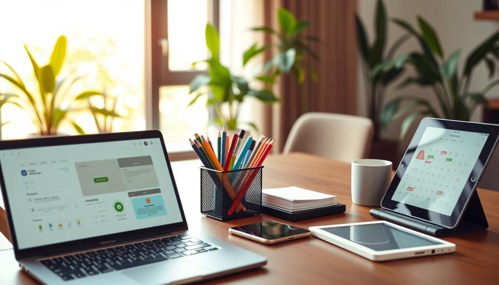 A modern home office setting, showcasing a variety of productivity tools for remote workers. In the foreground, a sleek laptop with an open screen displaying a project management app, alongside a smartphone and a digital tablet with a calendar app open. In the middle, a stylish desk organizer filled with colorful pens, notepads, and a coffee cup, complementing a minimalist desk with a comfortable chair. The background features a bright window with natural light streaming in, surrounded by indoor plants, creating a fresh and inviting atmosphere. Soft, warm lighting enhances the scene, giving it a productive and inspiring mood, suitable for professionals in business attire or casual smart clothing. Ensure the scene is orderly and well-composed, focusing on the tools that enhance telecommuting efficiency.
