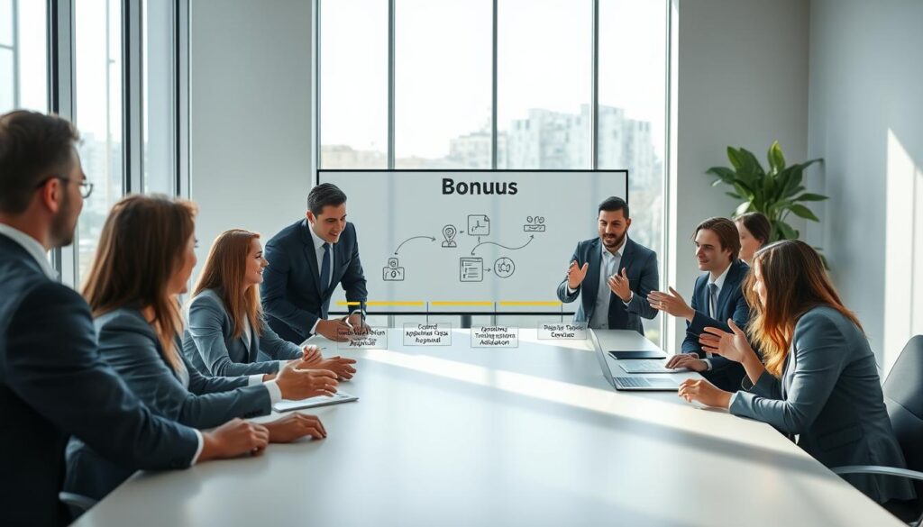 A professional and informative workspace depicting the "BONUS PROCESS FUNDAE". In the foreground, a diverse group of business professionals in smart business attire are engaging in a collaborative discussion around a large table, gesturing towards a digital flowchart displayed on a screen. In the middle ground, a timeline sketch outlines key stages of the bonus process, incorporating elements such as application, approval, training sessions, and fund allocation, all illustrated with icons representing each step. The background features large windows letting in soft, natural light, creating an airy atmosphere. Use a wide-angle lens to capture the entire scene, focusing on clarity and brightness to convey a sense of transparency and collaboration within the professional setting.