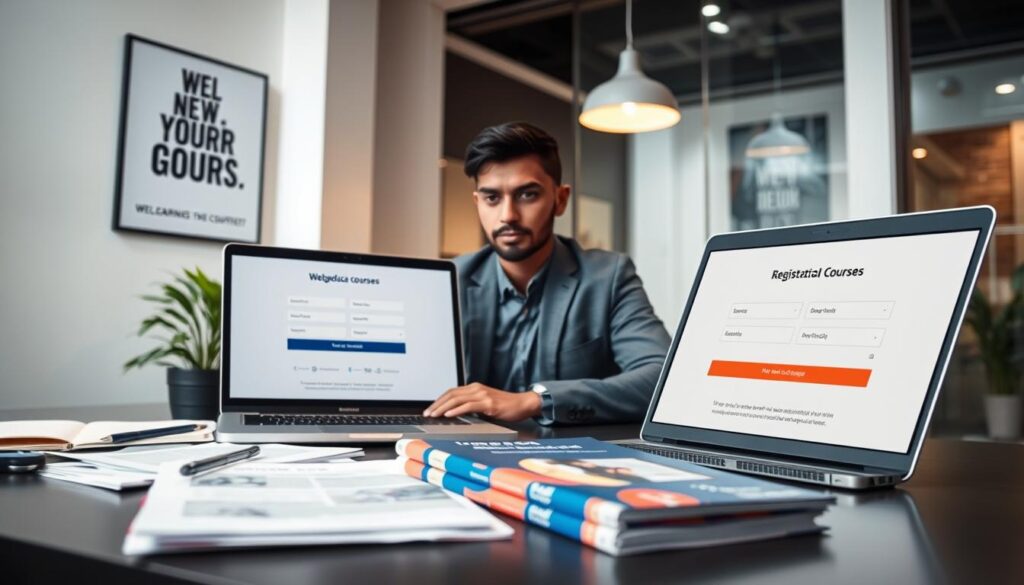 A professional-looking individual sitting at a sleek, modern desk, filled with various documents and a laptop open to a registration page, emphasizing the process of enrollment in online courses. The foreground shows the person wearing business attire, focused on the screen. In the middle, a few neatly stacked brochures about Webeduca courses highlight the importance of education. The background depicts a well-lit, contemporary office space with motivational posters related to learning and growth. Soft, ambient lighting creates a welcoming atmosphere, suggesting professionalism and enthusiasm. The angle is slightly above eye level to capture the details of the workspace, while the composition conveys a sense of empowerment and determination towards educational goals.