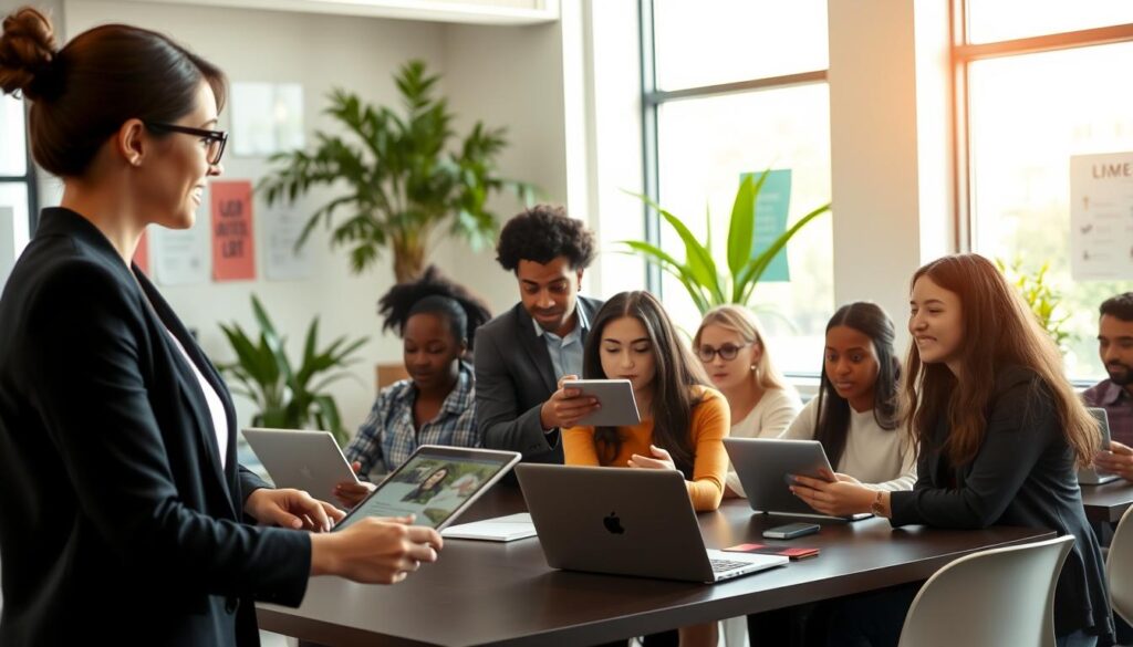 A professional, modern office environment featuring a diverse group of engaged students in a classroom setting. In the foreground, a confident female instructor, dressed in smart casual attire, interacts with students, guiding them through a hands-on technology project. In the middle, several students, including both men and women of various ethnicities, are using laptops and tablets, actively collaborating and sharing ideas. The background showcases a bright, well-lit room with large windows, plants, and motivational posters on the walls. Soft, natural light floods the space, creating an inviting and productive atmosphere. The overall mood is inspiring and dynamic, capturing the essence of effective learning experiences that are practical and applicable to real-world settings.