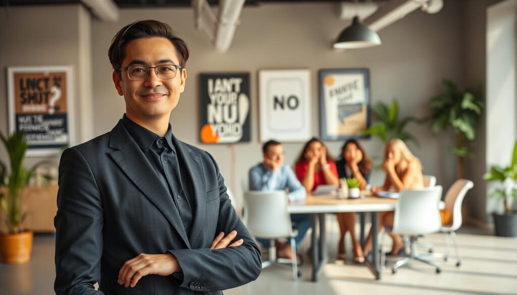 A professional office environment depicting a confident individual standing in the foreground, saying “no” effectively with a calm and reassuring expression. The person is dressed in smart business attire, conveying authority and professionalism. In the middle ground, a diverse group of colleagues sit around a conference table, showing a mixture of surprise and respect, illustrating the impact of the conversation. The background features modern office decor, including motivational posters and well-placed plants, creating an inviting atmosphere. The lighting is warm and soft, highlighting the central figure, with a shallow depth of field focusing on them. The overall mood is empowering and assertive, emphasizing the importance of setting boundaries in a professional setting.