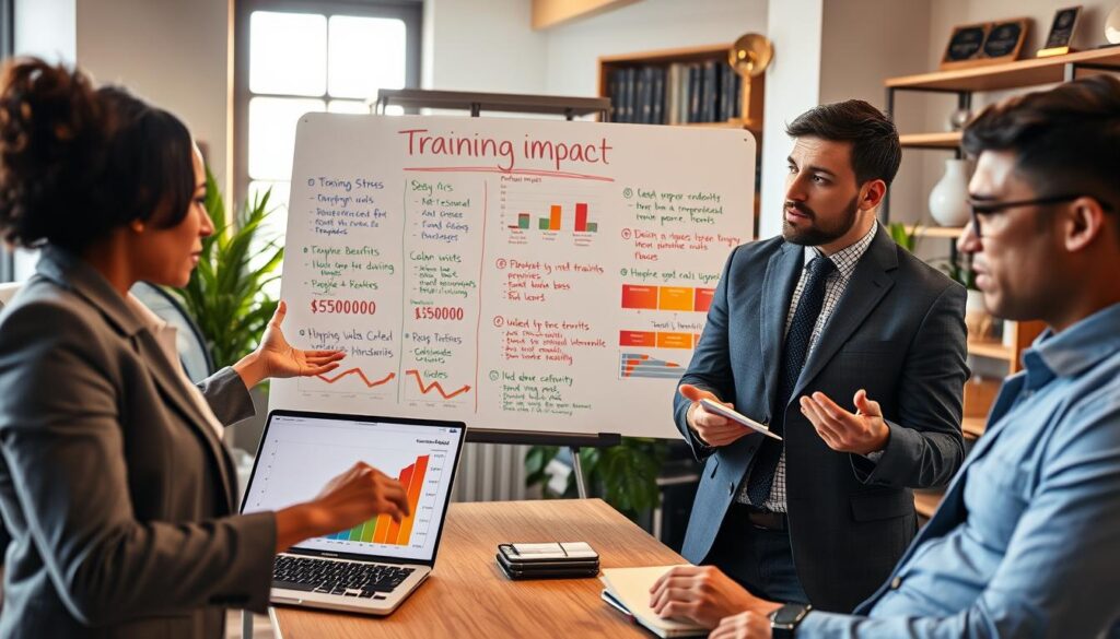 A professional office environment depicting a diverse group of three individuals in business attire, engaged in a dynamic discussion about training impact. In the foreground, a confident woman gestures towards an open laptop displaying performance graphs. To the right, a thoughtful man takes notes on a notepad. In the middle, a large whiteboard is filled with colorful charts and key points about training benefits—illustrating reduced stress and improved productivity. Surrounding them, the workspace features warm lighting from windows, and plants, creating a positive and motivating atmosphere. The background includes shelves with books and awards, suggesting a culture of continuous improvement and professional development. The mood conveys enthusiasm, collaboration, and focused engagement.