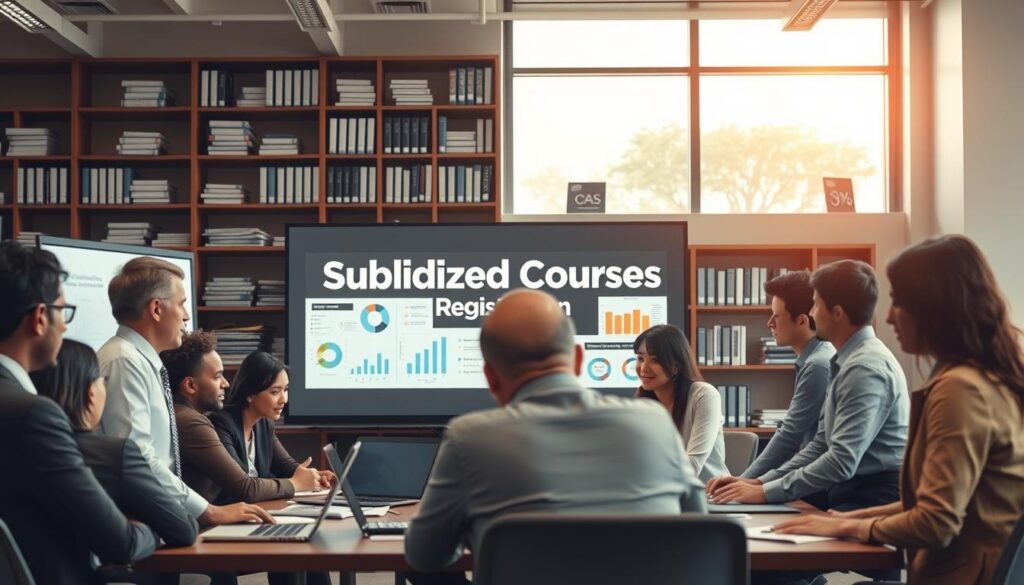 A professional office environment focusing on the "Enrollment Process for Subsidized Courses for SMEs." In the foreground, a diverse group of professionals in business attire, engaging in discussion around a table with laptops and paperwork. In the middle, a large screen displaying the words "Subsidized Courses Registration" with various graphs and charts. In the background, shelves filled with instructional books and training materials, illuminated by soft, natural lighting coming through large windows. The mood is collaborative and insightful, emphasizing accessibility and professional development for small and medium enterprises. Capture this scene with a wide-angle lens to enhance the spaciousness of the office.