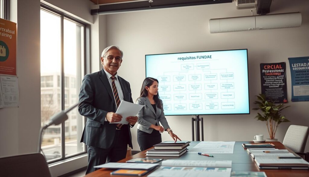 A professional office setting, focusing on a diverse group of three business professionals engaged in a collaborative discussion about the "requisitos FUNDAE." In the foreground, a middle-aged Hispanic man in a suit stands confidently, holding a notebook open, while a young Asian woman in smart casual attire points to a document on a large table decorated with educational resources. In the background, large windows let in soft natural light, illuminating the modern office space. The mood is focused and collaborative, reflecting a serious approach to the training application process. A large, interactive screen displays a flowchart outlining the FUNDAE requirements, while the walls are adorned with motivational posters about professional training and development.