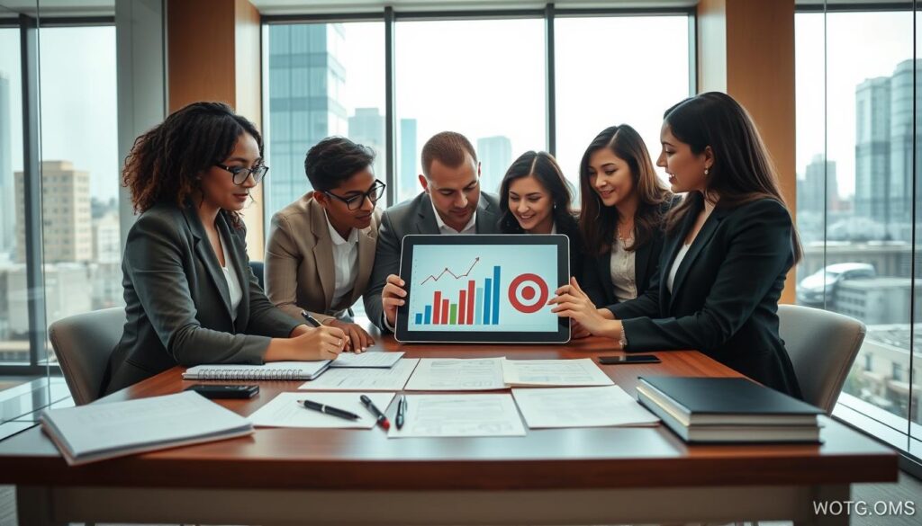 A professional office setting, showcasing a diverse group of individuals engaged in a planning session. Foreground: a table with notebooks, pens, and a digital tablet displaying graphs and targets, symbolizing professional goals. Middle: three professionals, a man and two women of different ethnicities, dressed in business attire, actively discussing and supporting each other as they strategize their career development. Background: a large window with cityscape views, allowing natural light to illuminate the space, creating a warm and inspiring atmosphere. The mood is focused and collaborative, emphasizing growth and determination. Use a wide-angle lens to capture the entire scene vividly, with soft lighting to enhance the welcoming environment.