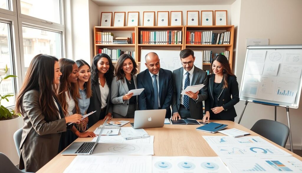 A professional office setting showcasing a group of diverse individuals discussing course materials. Foreground features a large table with laptops, notebooks, and diagrams illustrating corporate training concepts. Middle ground includes a whiteboard filled with charts and graphs, while a window lets in natural light, creating a bright atmosphere. Background elements include bookshelves filled with educational resources and certificates of completion. The people, dressed in smart business attire, show engaged expressions, emphasizing collaboration and learning. The scene conveys a productive and accessible learning environment, focused on the concept of subsidized courses for small and medium-sized enterprises (PYMEs), with an inviting and optimistic mood.