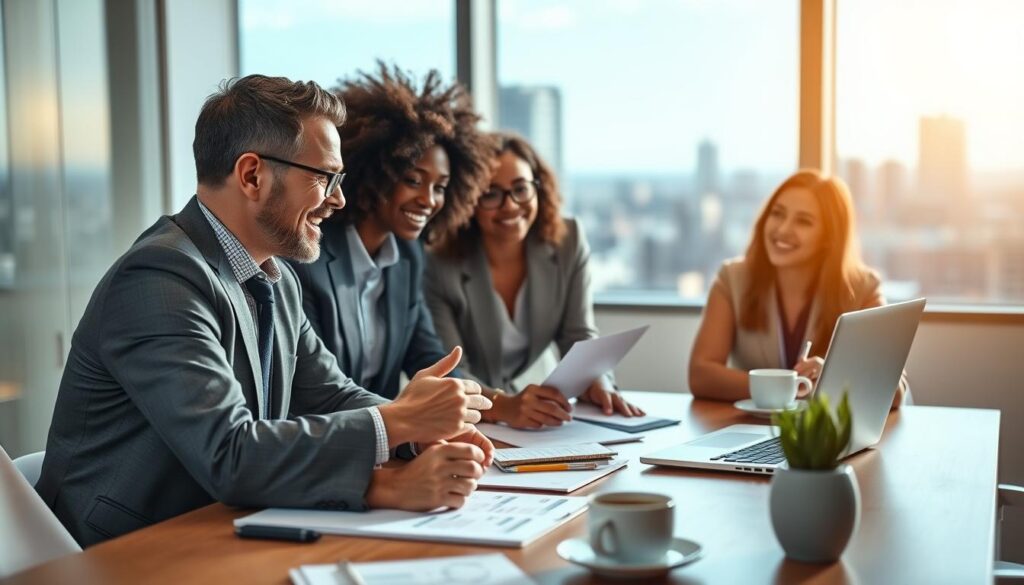 A professional office setting with a diverse group of three individuals engaged in a dynamic brainstorming session. In the foreground, focus on a smiling middle-aged man and a young woman, both dressed in smart business attire, intently discussing a digital presentation displayed on a sleek laptop. The middle includes a modern conference table laden with notepads, charts, and coffee cups, reflecting collaboration and teamwork. In the background, a large window overlooks a cityscape, letting in natural light that creates a warm and inviting atmosphere. The scene conveys a sense of growth, potential, and the significance of soft skills training, with soft focus on the background to intensify the subject's importance.