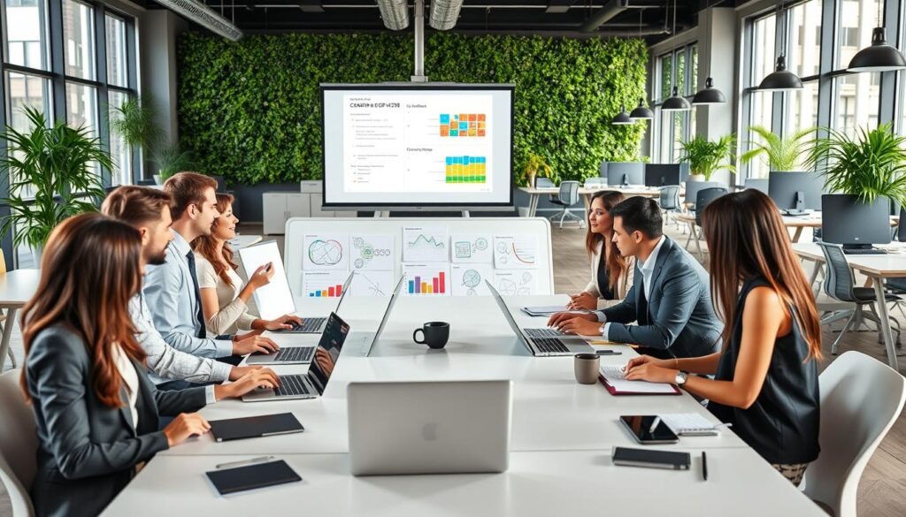 A professional setting showcasing a seamless blend of theory and practice in workplace training. In the foreground, a diverse group of employees, dressed in smart business attire, engage in a collaborative brainstorming session around a sleek conference table filled with laptops and notebooks. The middle ground features a large whiteboard filled with diagrams and charts illustrating concepts being discussed, while a projector screen displays a presentation slide highlighting key points. In the background, an open office layout with modern desks and greenery, creating a vibrant and inspiring atmosphere. Soft, natural lighting streams through large windows, enhancing the productive and focused mood of the scene. Capture this dynamic interaction at a slightly elevated angle for a comprehensive view of the collaboration.