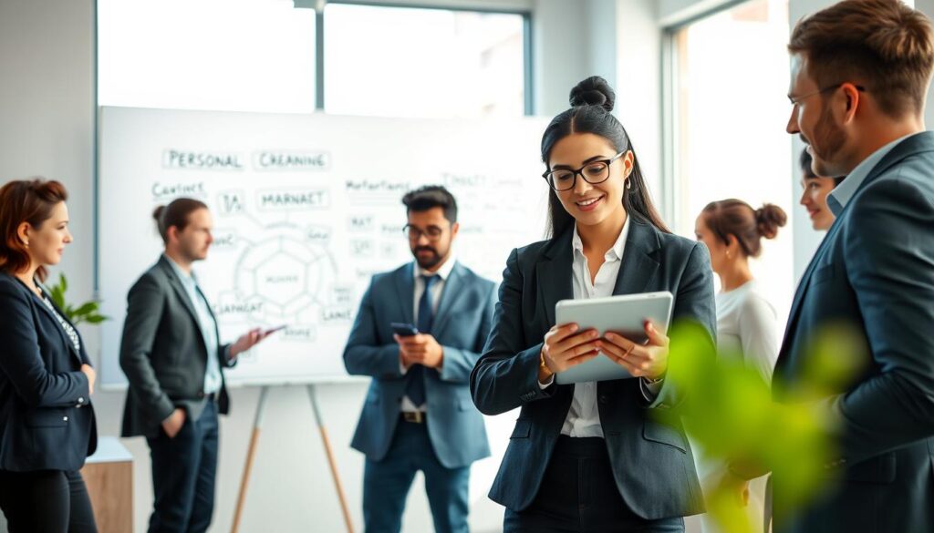 A serene office environment with a diverse group of professionals engaged in a dynamic brainstorming session. In the foreground, a confident woman in a smart business suit is presenting ideas on a tablet, while a man in business attire takes notes attentively. In the middle ground, a whiteboard filled with diagrams and keywords related to personal and professional development is visible. The background features a large window allowing natural light to flood the room, illuminating the team’s focused expressions. Soft, motivational colors like blue and green create a calming atmosphere. The image captures a sense of collaboration, growth, and ambition, symbolizing the keys to success in personal and professional development. The perspective is slightly angled to highlight the teamwork in action.