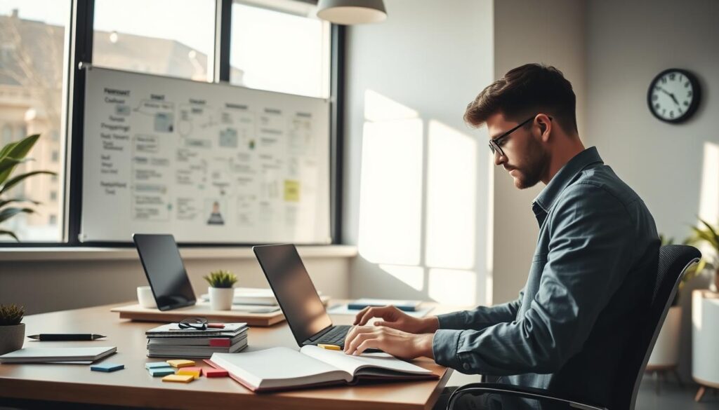 A serene office environment with a large window letting in soft, natural sunlight, illuminating a clutter-free desk. In the foreground, a focused professional in smart casual attire is diligently working on a laptop, surrounded by colorful sticky notes and an organized planner open beside them, symbolizing productivity strategies. In the middle ground, a whiteboard filled with mind maps and goals being brainstormed can be seen, encouraging creativity and structure. In the background, a wall clock ticks quietly, emphasizing time management. The atmosphere is calm yet purposeful, with warm light creating an inviting and motivating space, ideal for overcoming procrastination.