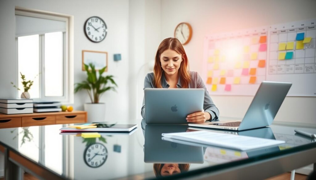 A serene office space, featuring a glass desk with a digital planner, colorful sticky notes, and a neatly arranged workspace. In the foreground, a professional woman in smart casual attire focuses on her laptop, demonstrating effective time management techniques. In the middle ground, a wall clock and a calendar, showing organized time slots, emphasize productivity. The background showcases a bright window with sunlight pouring in, creating an inviting atmosphere. Soft, natural lighting enhances the clarity and focus of the workspace. The overall mood is hopeful and organized, illustrating strategies for personal organization effectively.