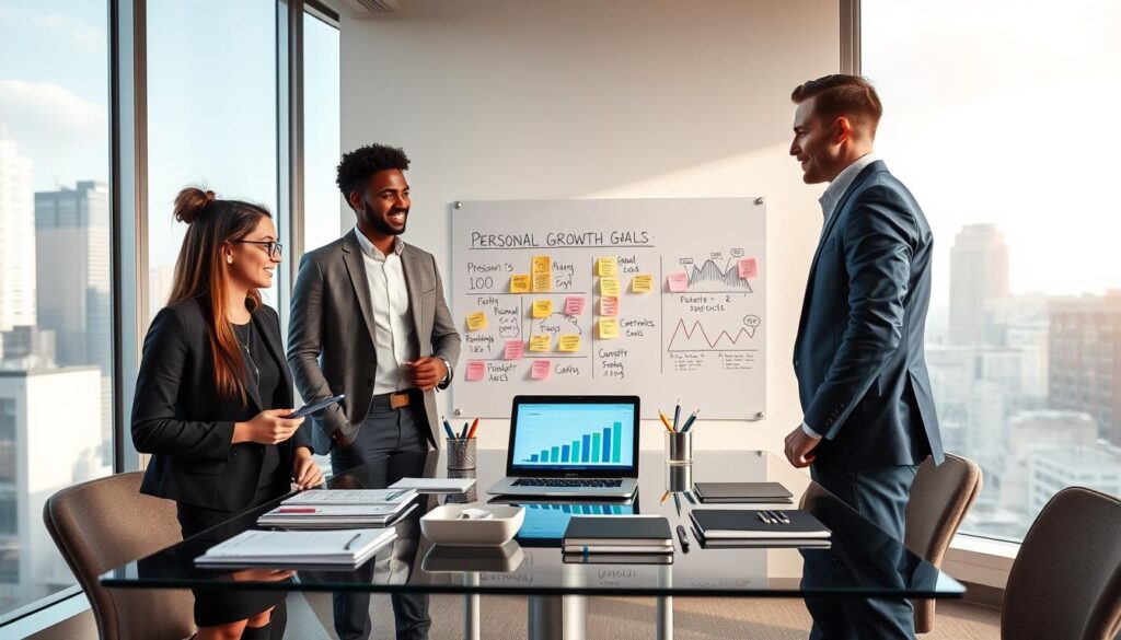 A serene office space with a large window providing natural light, showcasing a city skyline in the background. In the foreground, a diverse group of three professionals—one woman and two men—engaged in a productive discussion while standing around a sleek glass table filled with notebooks, charts, and a laptop displaying growth metrics. They are dressed in business casual attire, exuding confidence and collaboration. The middle section features a whiteboard with colorful post-it notes and diagrams illustrating personal growth goals, symbolizing the journey of self-improvement. The overall atmosphere is positive and inspiring, with soft, warm lighting that enhances the sense of motivation and progress, captured from a slightly elevated angle to emphasize the dynamic interaction among the individuals.