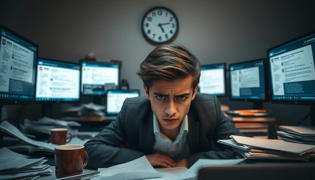 A stressed young professional sits at a cluttered desk, surrounded by multiple screens displaying overwhelming notifications and emails. The foreground shows a close-up of their tired face, with weary eyes and a frown, wearing a smart casual outfit. In the middle, disorganized papers and coffee cups clutter the workspace, hinting at long hours of work. The background fades into a dimly lit room, with soft, shadowy lighting creating an anxious atmosphere. A clock on the wall ticks silently, emphasizing time pressure. The overall mood reflects anxiety and exhaustion, capturing the essence of digital burnout in a professional environment.