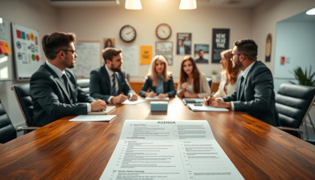 A structured meeting agenda laid out on a wooden conference table, surrounded by professional business individuals in smart attire, engaged in a productive discussion. In the foreground, a detailed agenda sheet clearly outlines topics with bullet points and time allocations, emphasizing efficiency. In the middle, a diverse group of four professionals—two men and two women—are actively participating, sharing ideas, and taking notes. Soft natural lighting streams through a large window, creating a warm and inviting atmosphere. The background features blurred elements of a contemporary office setting, including a whiteboard with colorful markers, a digital clock, and motivational posters. The mood is focused and collaborative, reflecting the strategies for effective meetings.