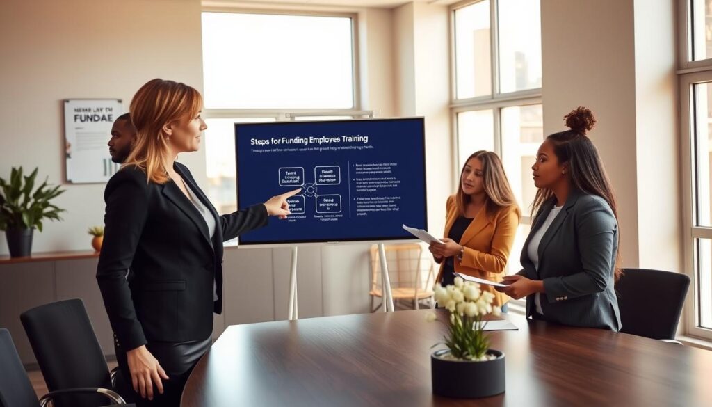 A stylized, professional office environment showcasing a group of diverse business professionals gathered around a conference table. In the foreground, a woman in smart business attire is pointing at a presentation slide on a screen, illustrating steps for funding employee training through FUNDAE. In the middle, colleagues, including a man wearing glasses and another woman with a notepad, are engaged in discussion, with determination and focus on their faces. The background features large windows allowing natural light to flood in, creating a bright and collaborative atmosphere. Subtle decor, such as motivational posters on the walls and a potted plant on the table, enhances the sense of professionalism. Use a soft focus with warm lighting to evoke a productive and supportive mood, capturing the essence of teamwork in achieving training goals.