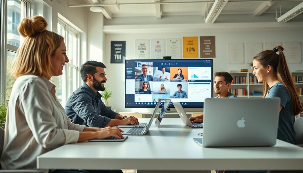 A vibrant digital learning environment showcasing users engaged in tele-education. In the foreground, a diverse group of three individuals—a woman in a business casual blouse, a man in a smart shirt, and a young female student in a comfortable tee—are actively participating in an online class, each using their laptops at a modern study table. In the middle ground, a large screen displays an interactive virtual classroom, with dynamic visuals and graphs. The background features a bright, airy room filled with bookshelves and motivational posters. Soft, natural daylight streams through large windows, creating a warm and inviting atmosphere, lending a sense of enthusiasm and productivity to the scene. The angle is slightly elevated, capturing the essence of engagement and collaboration in tele-formation.