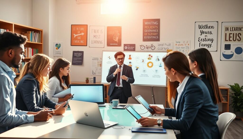 A vibrant educational setting showcasing the benefits of Webeduca for students. In the foreground, a diverse group of students, dressed in professional business attire, are engaged with modern digital devices, such as tablets and laptops, while collaborating around a bright, interactive learning table. In the middle, an animated instructor presents engaging content on a smart whiteboard, creating a dynamic learning atmosphere filled with enthusiasm. The background features shelves of educational resources and motivational posters related to learning and technology, bathed in warm, natural light streaming through large windows. The mood is inspiring and collaborative, emphasizing a friendly and interactive educational environment conducive to modern learning.