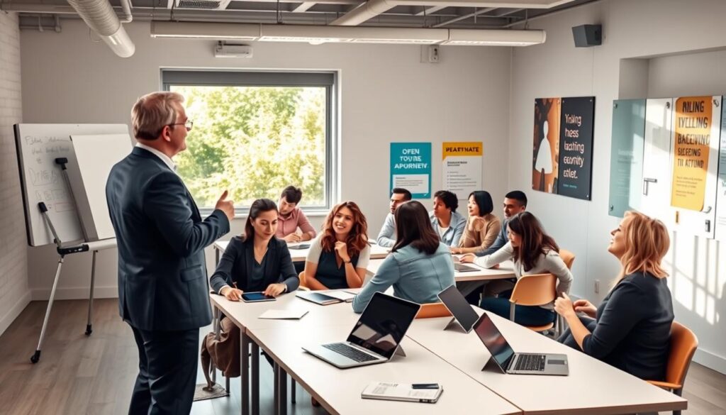 A vibrant, engaging classroom scene illustrating diverse teaching methodologies in open courses. In the foreground, a professional instructor in business attire stands at a whiteboard, gesturing enthusiastically to a group of engaged adult learners seated around modern tables. The learners, a mix of genders and ethnicities, are actively participating, some taking notes, others discussing in small groups. In the middle ground, digital devices like laptops and tablets are spread across the tables, showcasing interactive learning. The background includes a large window allowing natural light to flood in, enhancing a collaborative atmosphere. The setting is modern and bright, with motivational posters on the walls, fostering a sense of community and innovation. The mood is dynamic and focused, reflecting the energy of open course methodologies.