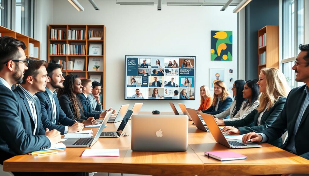 A vibrant, modern classroom setting filled with natural light streaming in from large windows. In the foreground, a diverse group of professionals—men and women of various ethnicities and ages—are engaged in discussion, all dressed in professional business attire. On a sleek wooden table, open laptops and colorful notebooks suggest active learning. In the middle, a large digital screen displays various course options with images of happy learners participating in workshops. The background features bookshelves filled with educational resources and motivational posters. The atmosphere is focused and inspiring, conveying a sense of enthusiasm for professional development. The image is bright, with a soft-focus lens to keep the subjects sharp while adding a pleasant blur to the background.