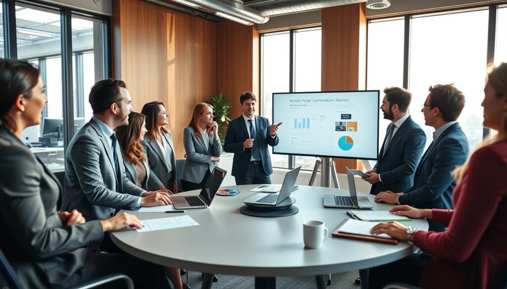 A vibrant office environment showcasing a successful team meeting focused on assertive communication. In the foreground, a diverse group of professionals dressed in smart business attire, actively engaging in communication, with one person presenting ideas on a digital screen. In the middle ground, a round conference table with papers, laptops, and a coffee cup, emphasizing collaboration. The background features large windows with natural light streaming in, creating a warm, inviting atmosphere. The overall mood is positive and energetic, reflecting teamwork and effective communication skills. The image should be well-lit, with a slightly wide-angle perspective to capture the dynamic interaction among team members.