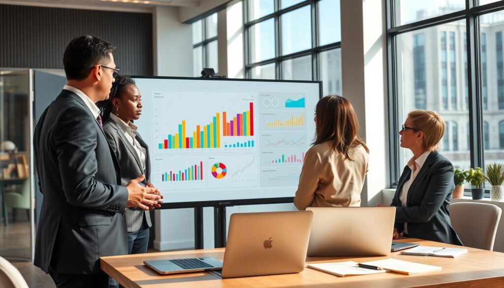 A visually engaging representation of key performance indicators (KPIs) related to assertive communication. In the foreground, display a diverse group of professionals in smart business attire, engaged in a dynamic discussion around a large screen showcasing colorful graphs, charts, and data points that symbolize performance metrics. In the middle ground, include an organized workspace with laptops and notepads, emphasizing collaboration and evaluation. The background features a modern office environment with large windows allowing natural light to flood the room, creating a bright and optimistic atmosphere. Use soft, warm lighting to enhance the feeling of teamwork and professional growth, shot from a slightly elevated angle to capture the overall scene effectively. Set a tone of focus and determination, illustrating the importance of measuring communication impact in the corporate setting.