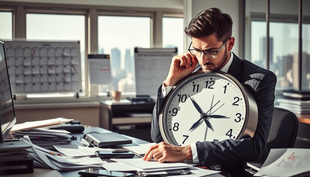 A visually striking composition illustrating "time management" with a focus on identifying time wastage. In the foreground, a professional individual in smart business attire sits at a cluttered desk, analyzing a large clock with a distressed expression, surrounded by scattered papers and digital devices. In the middle, a wall calendar and a planner with crossed-out tasks highlight inefficiency. The background features a window displaying a busy cityscape, symbolizing the distractions of urban life. Bright, natural lighting streams in, casting soft shadows and emphasizing the subject's surroundings. The mood is contemplative and slightly tense, encapsulating the struggle to manage time effectively. Aim for a realistic and relatable scene that resonates with professionals seeking to optimize their time management skills.