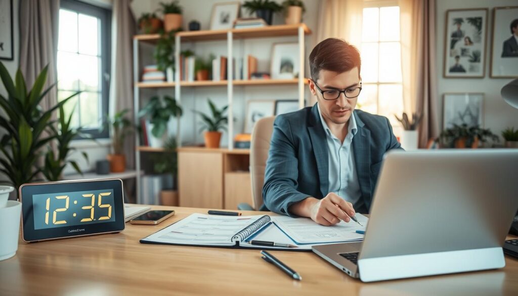 A well-organized home office scene, focusing on a teleworker managing their time effectively. In the foreground, a professional-looking individual in smart casual attire works diligently at a desk, focused on a planner, laptop, and digital clock displaying time management techniques. The middle ground features a comfortable office chair and shelves filled with books about productivity and well-being. In the background, natural light filters in through a window, illuminating plants and artwork that create a serene and motivating atmosphere. Use soft, warm lighting to enhance the inviting feel, and capture the scene from a slight angle to emphasize the concept of effective time management in a remote working environment.