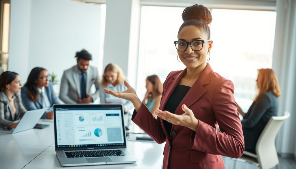 A well-organized office environment where a diverse group of professionals are collaborating around a large table. In the foreground, a confident woman in smart business attire is gesturing to a digital project management tool displayed on her laptop, emphasizing the importance of task delegation. In the middle, colleagues of different ethnicities are engaged in animated discussions, reviewing documents and brainstorming ideas. The background features a large window with natural light streaming in, casting a warm glow across the room, enhancing the atmosphere of teamwork and productivity. The overall mood should convey a sense of collaboration, focus, and empowerment, suggesting effective time management through delegation.